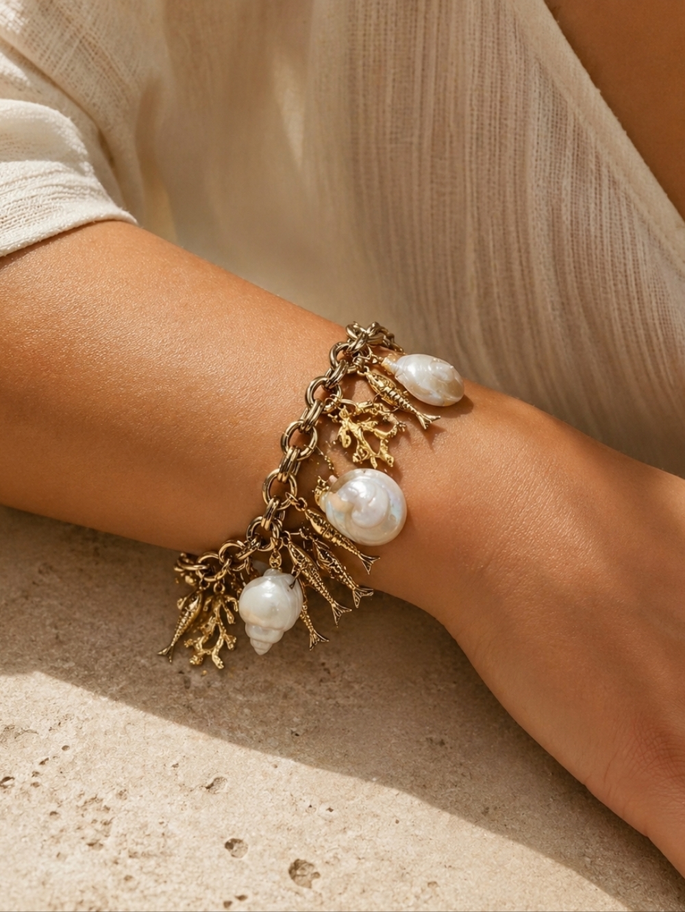Gold Shell & Fish Charm Bracelet - Women's Jewelry